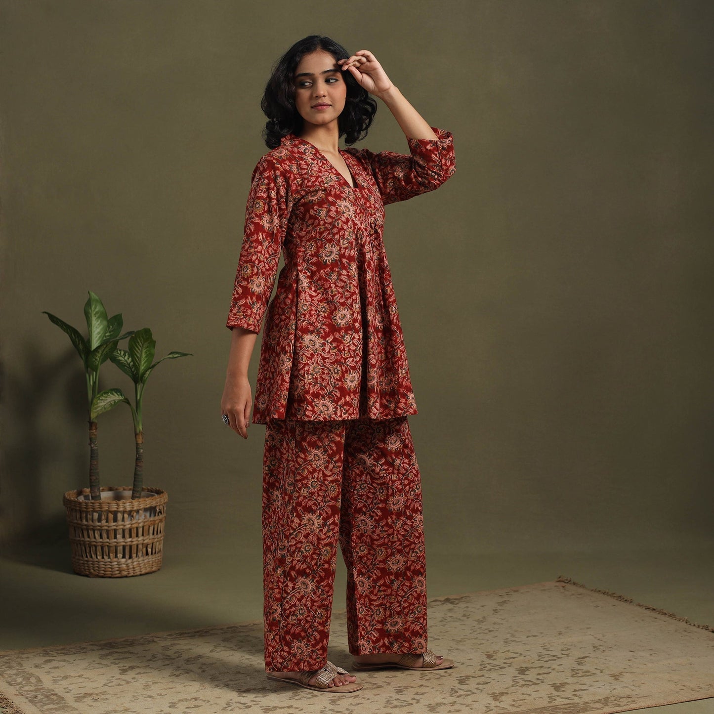 Red Pedana Natural Dyed Block Print Kalamkari Co-ord Set