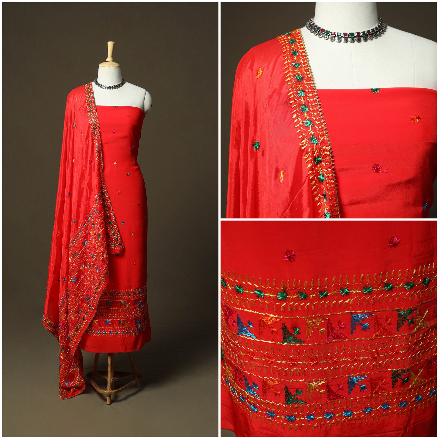 Phulkari hand embroidered crepe silk 3pc unstitched dress
