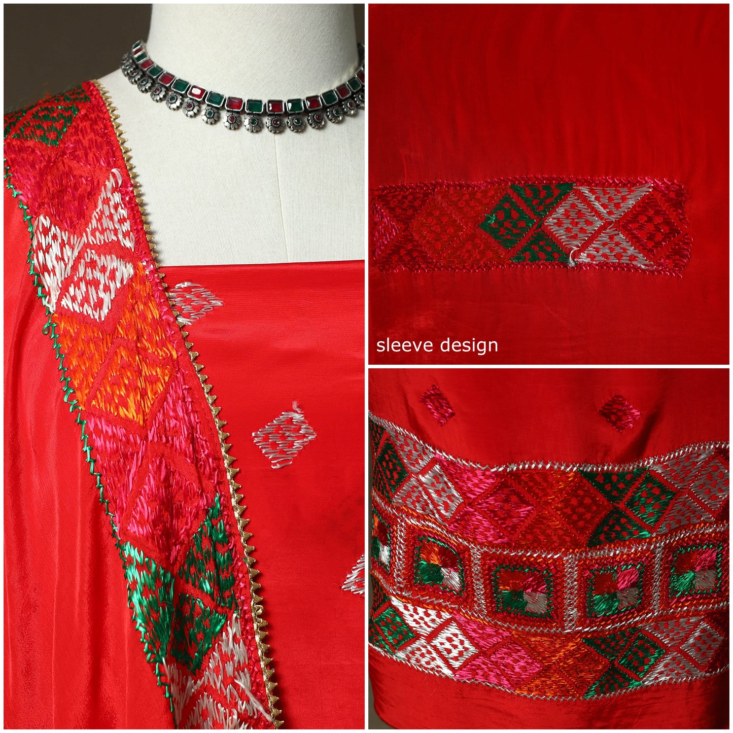 Phulkari hand embroidered crepe silk 3pc unstitched dress