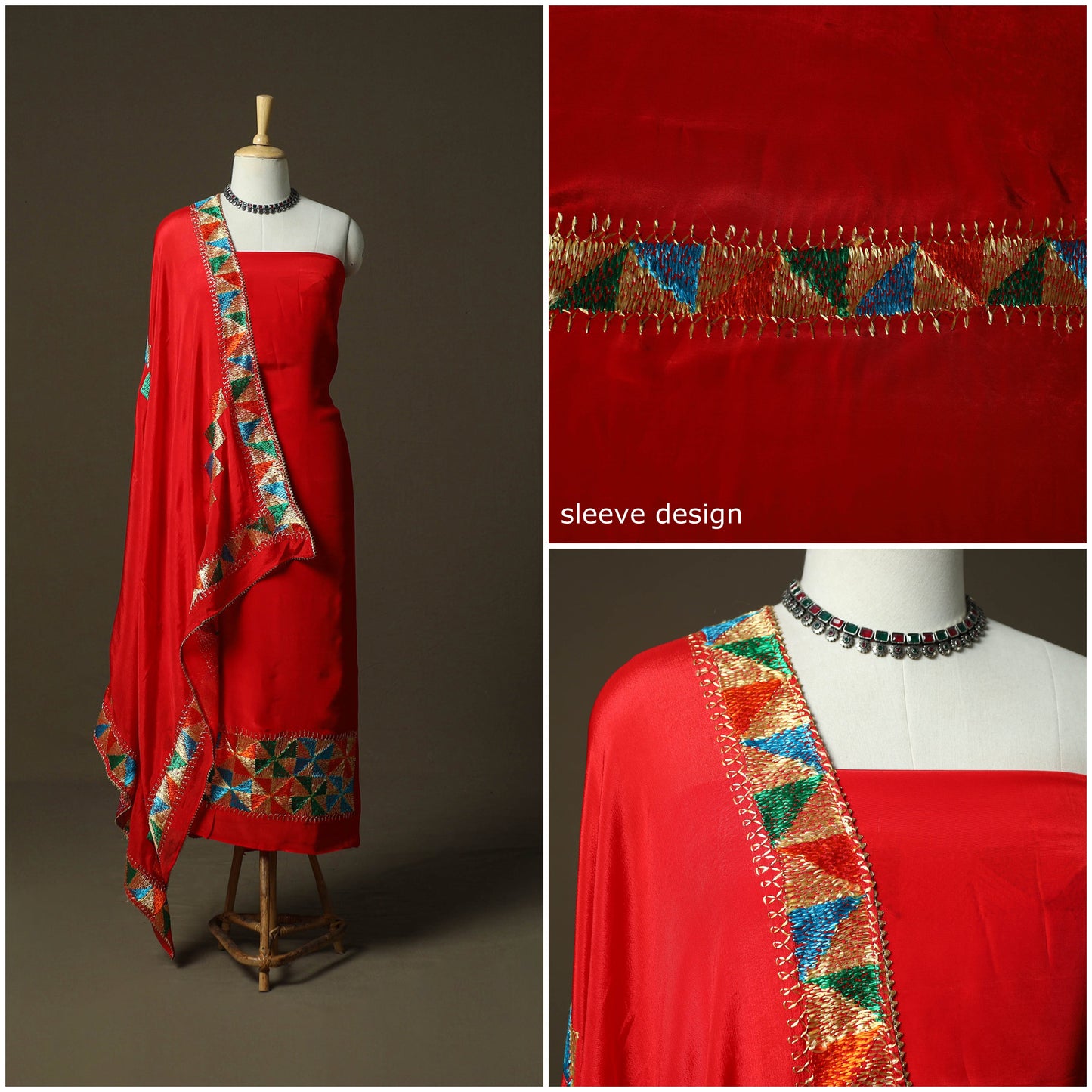Phulkari hand embroidered crepe silk 3pc unstitched dress