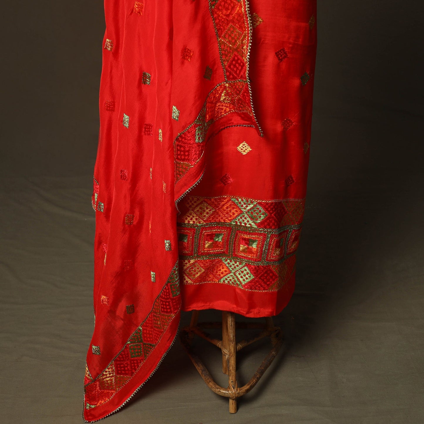 Phulkari hand embroidered crepe silk 3pc unstitched dress