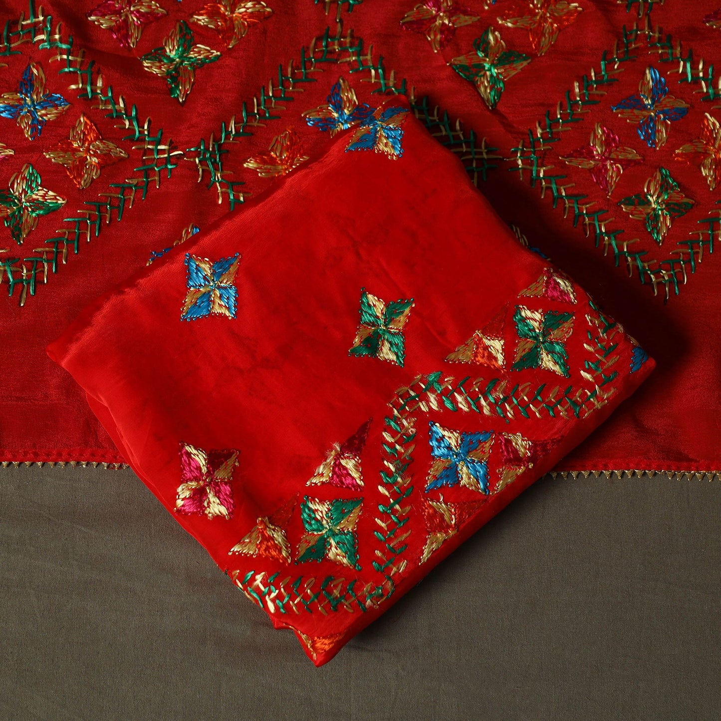 Phulkari hand embroidered crepe silk 3pc unstitched dress