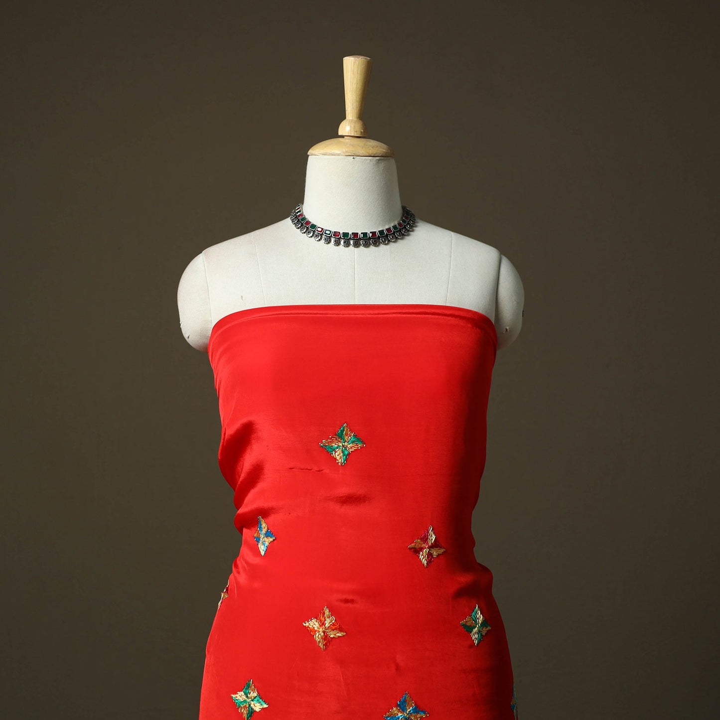 Phulkari hand embroidered crepe silk 3pc unstitched dress