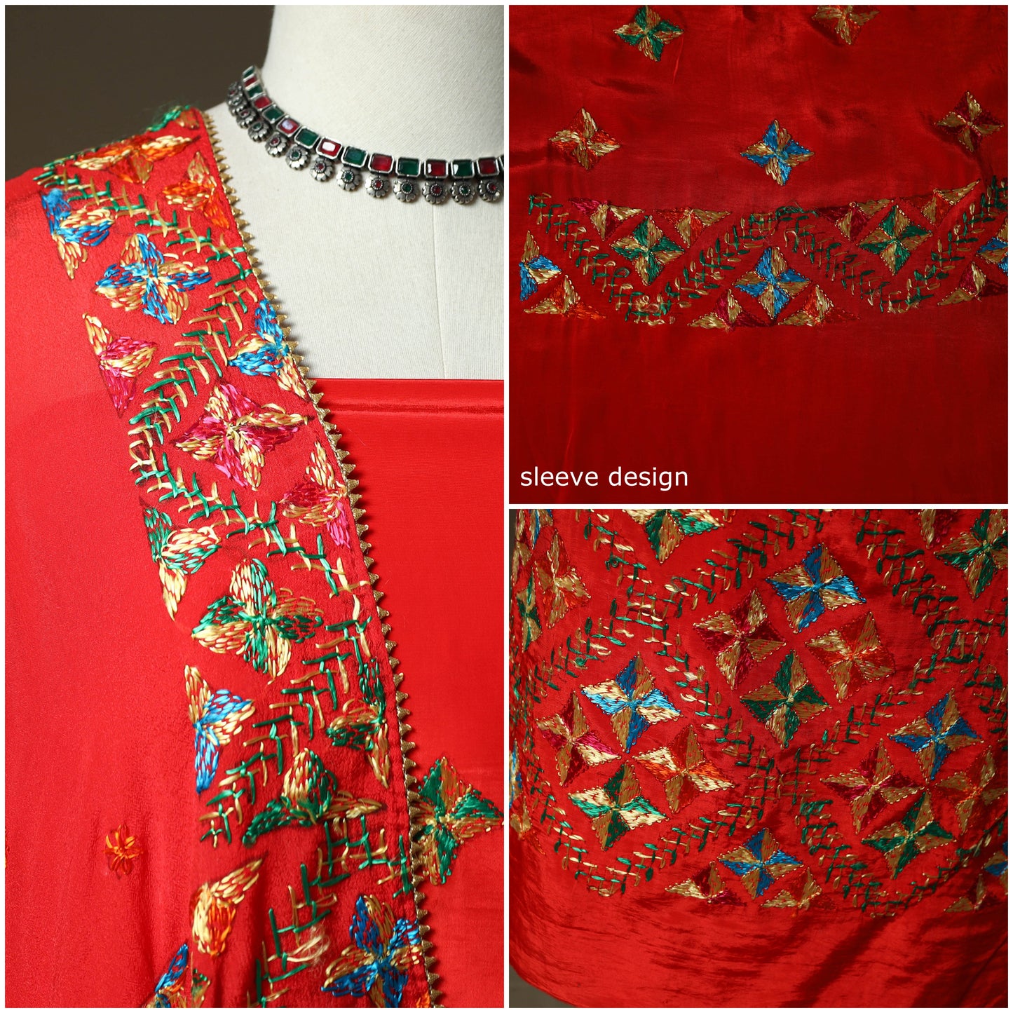 Phulkari hand embroidered crepe silk 3pc unstitched dress
