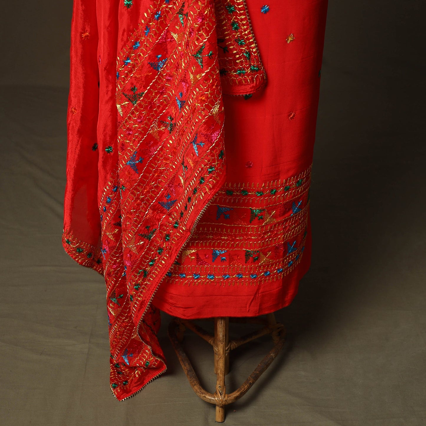 Phulkari hand embroidered crepe silk 3pc unstitched dress