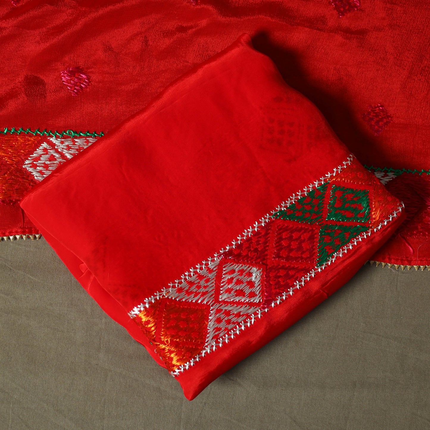 Phulkari hand embroidered crepe silk 3pc unstitched dress