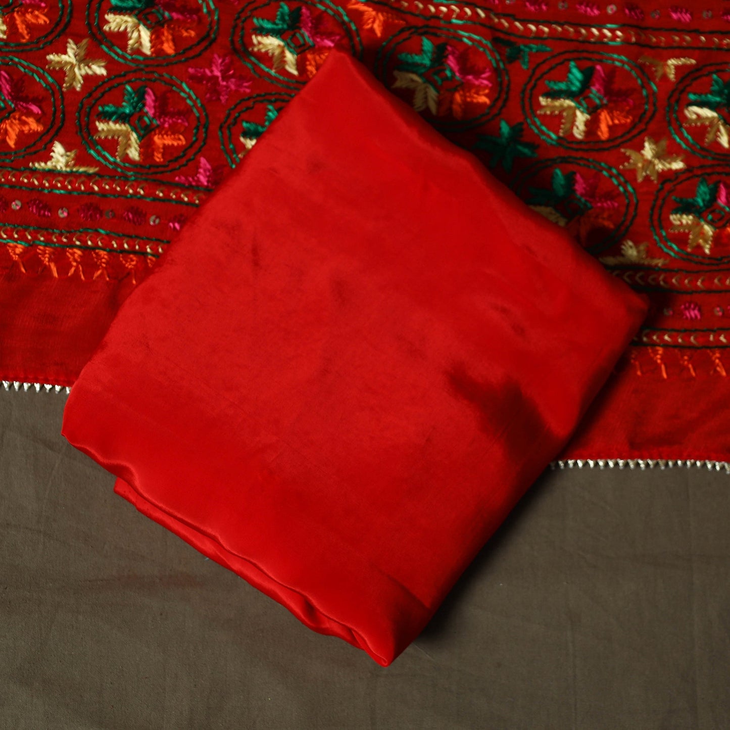 Phulkari hand embroidered crepe silk 3pc unstitched dress