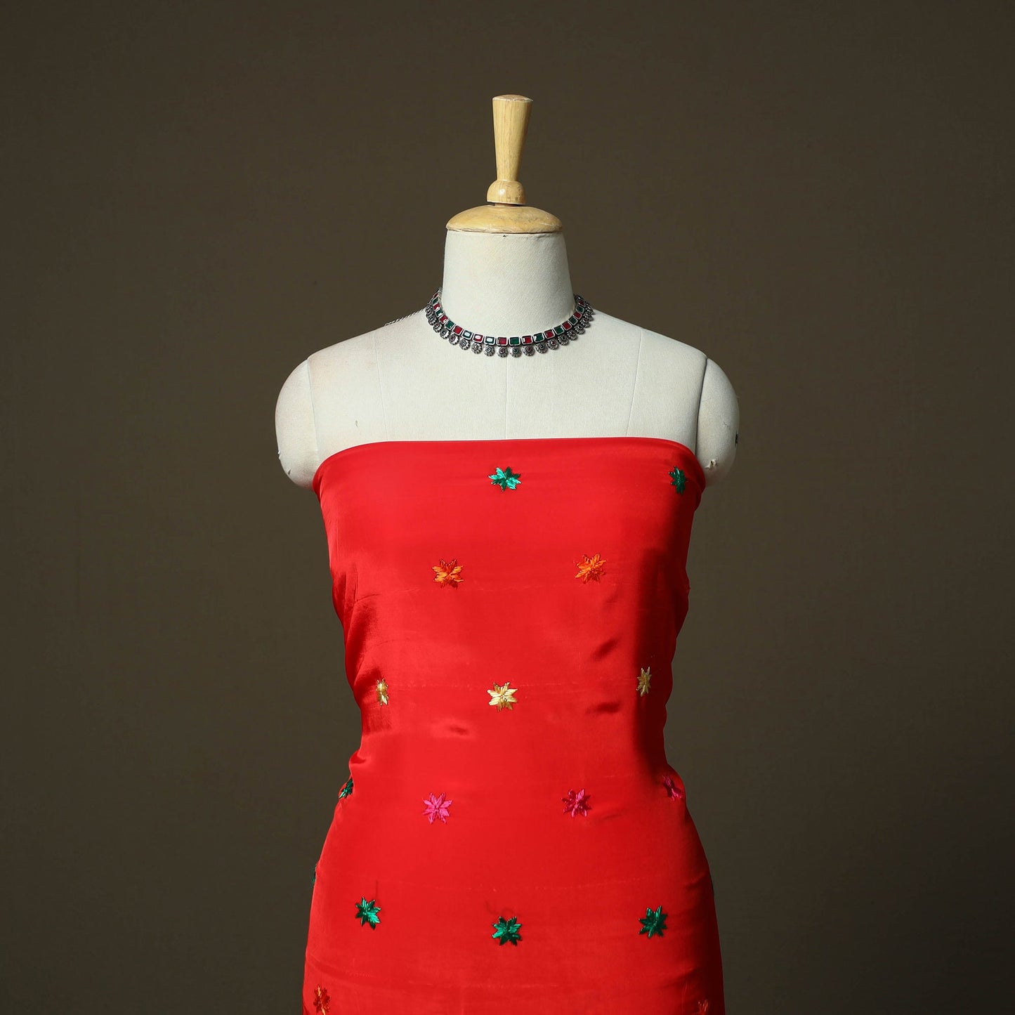 Phulkari hand embroidered crepe silk 3pc unstitched dress