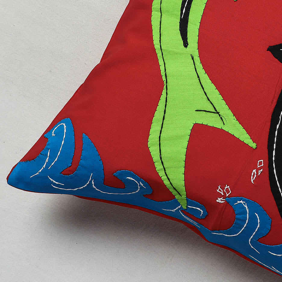 Red Pipli Applique Work Cotton Cushion Cover
