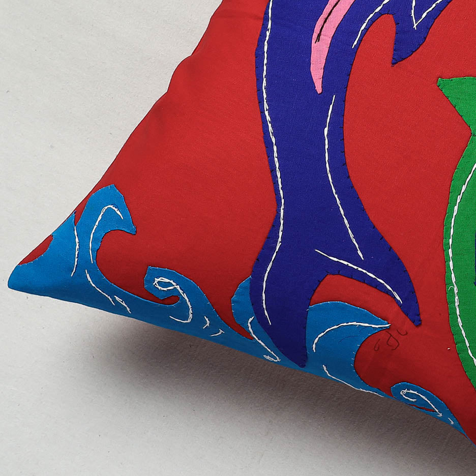 Red Pipli Applique Work Cotton Cushion Cover