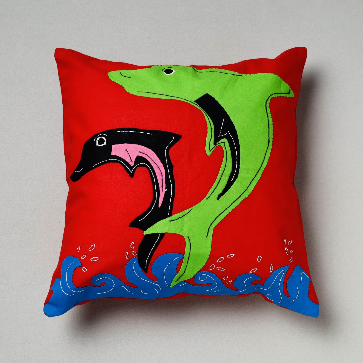 Red Pipli Applique Work Cotton Cushion Cover