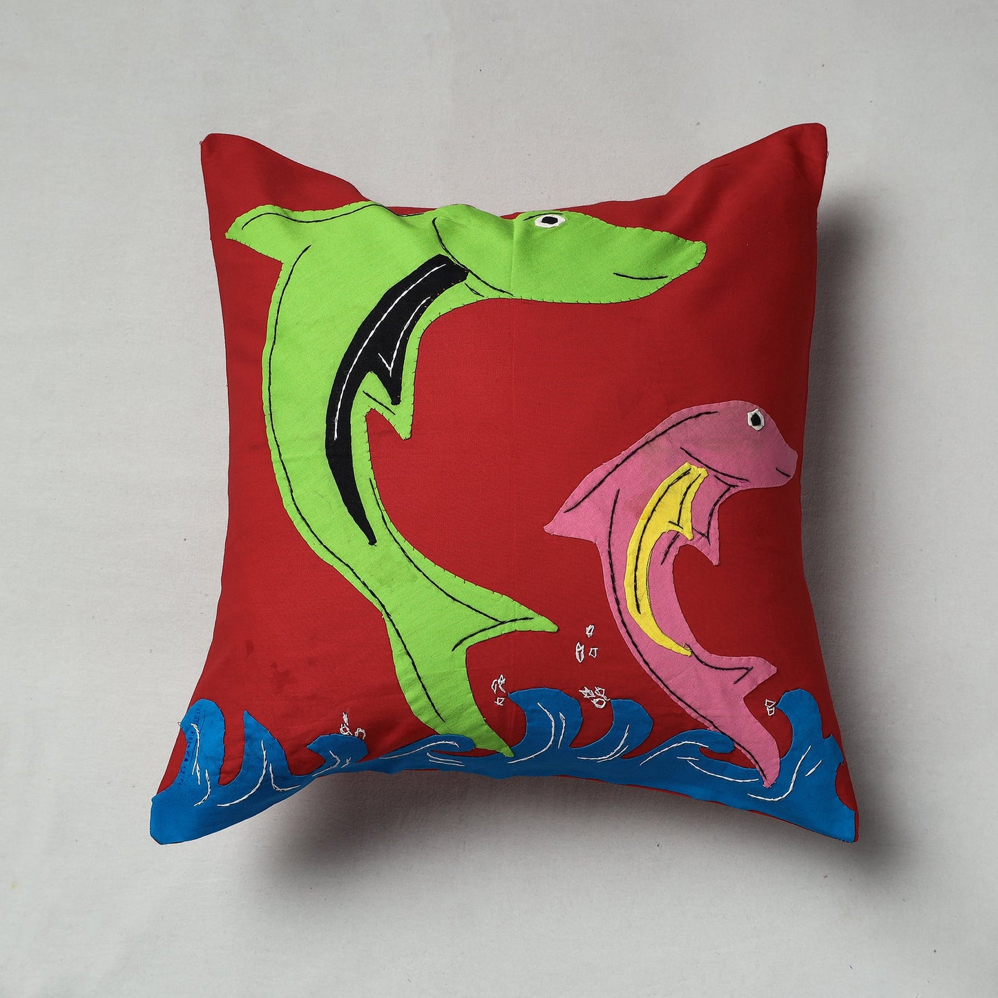 Red Pipli Applique Work Cotton Cushion Cover