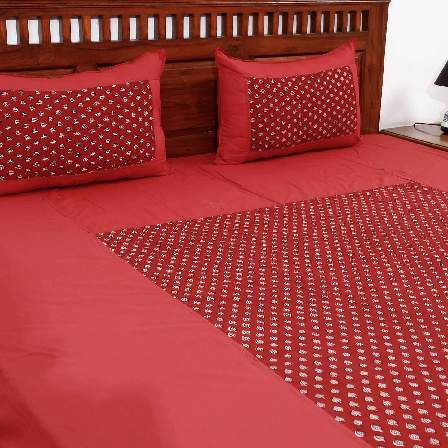 Plain Cotton Double Bed Cover Set with Bagh Patchwork