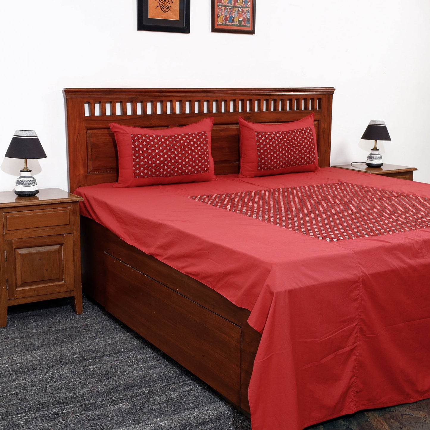 Plain Cotton Double Bed Cover Set with Bagh Patchwork