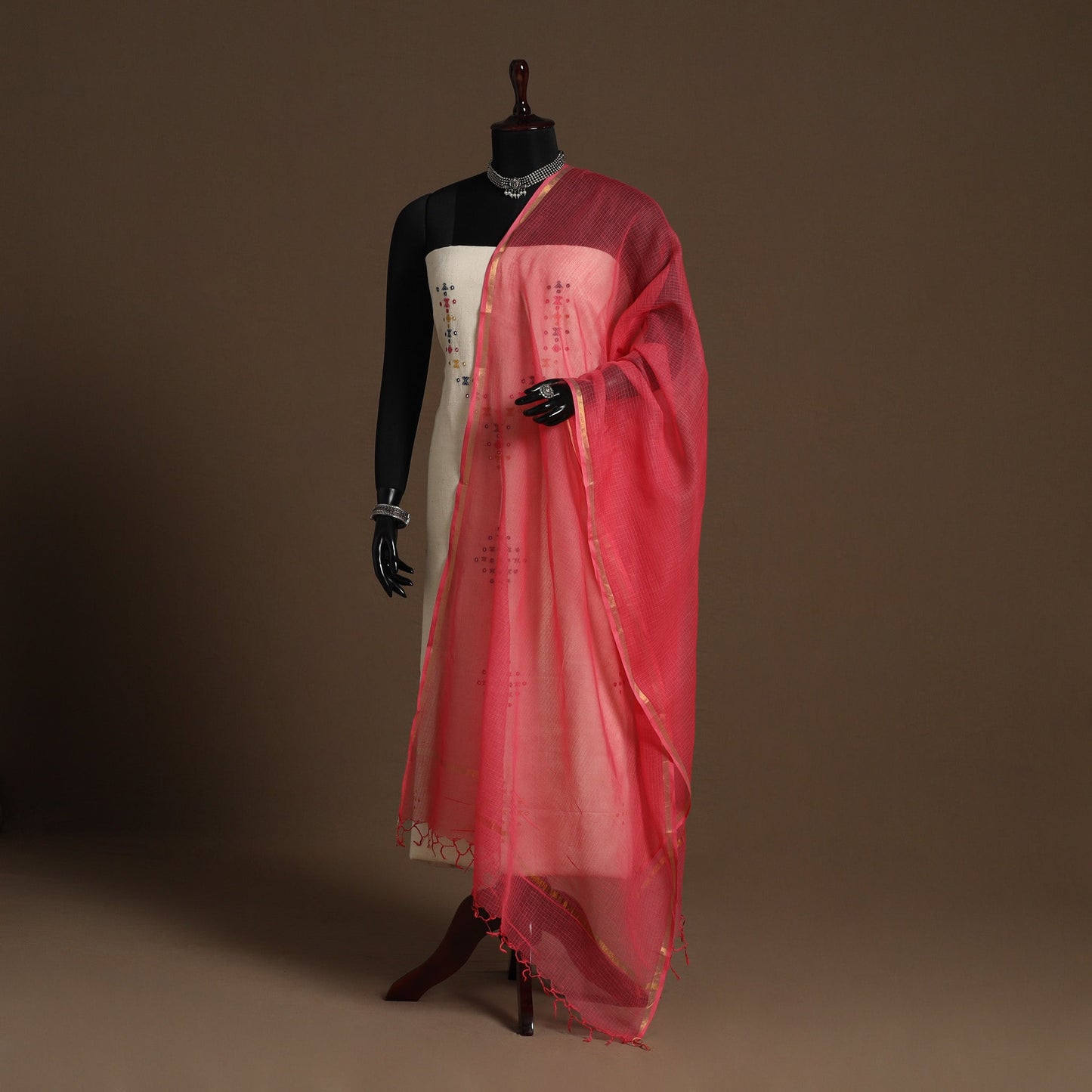 Red - plain cotton kota doria dupatta 05 - handcrafted