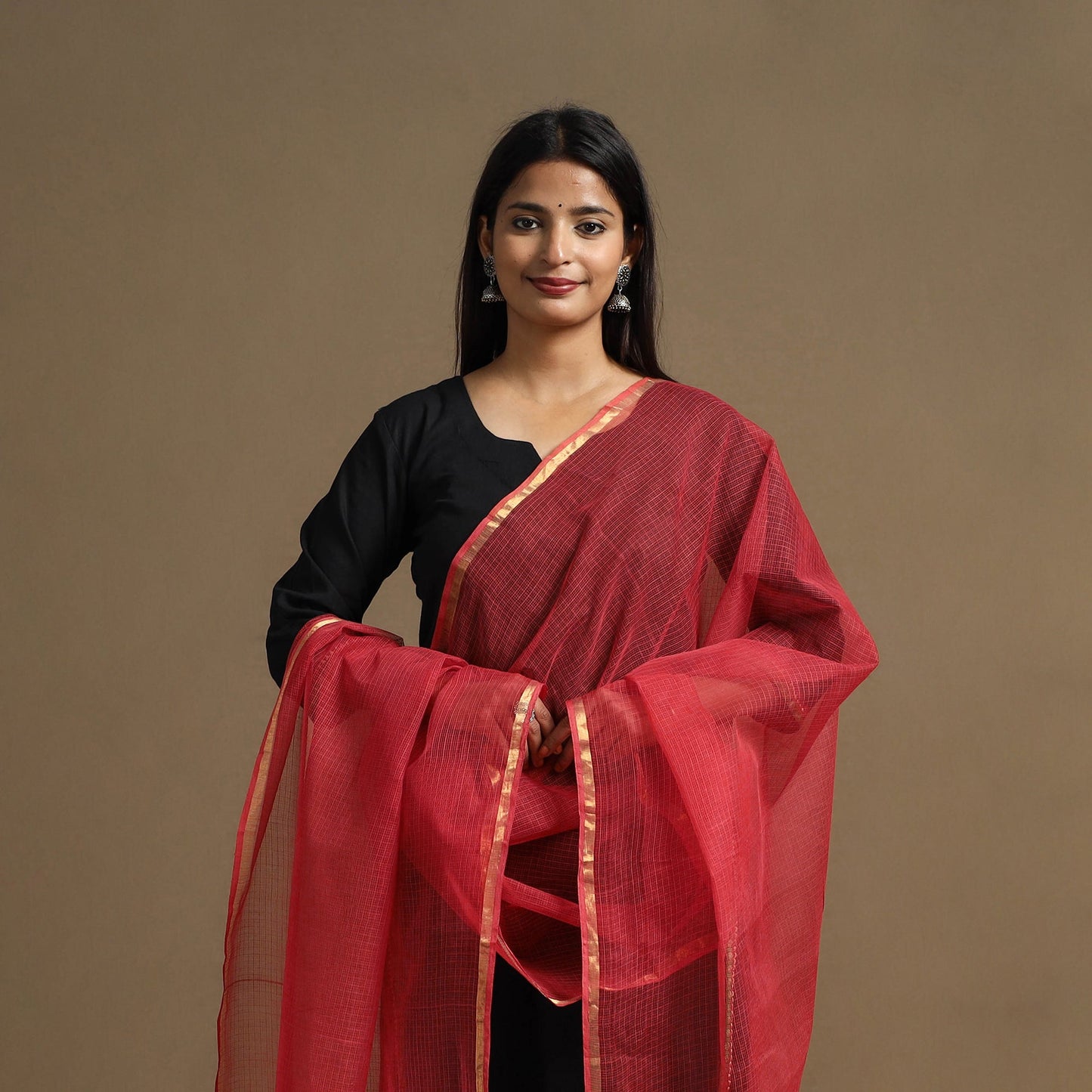 Buy Red Plain Cotton Kota Doria Dupatta