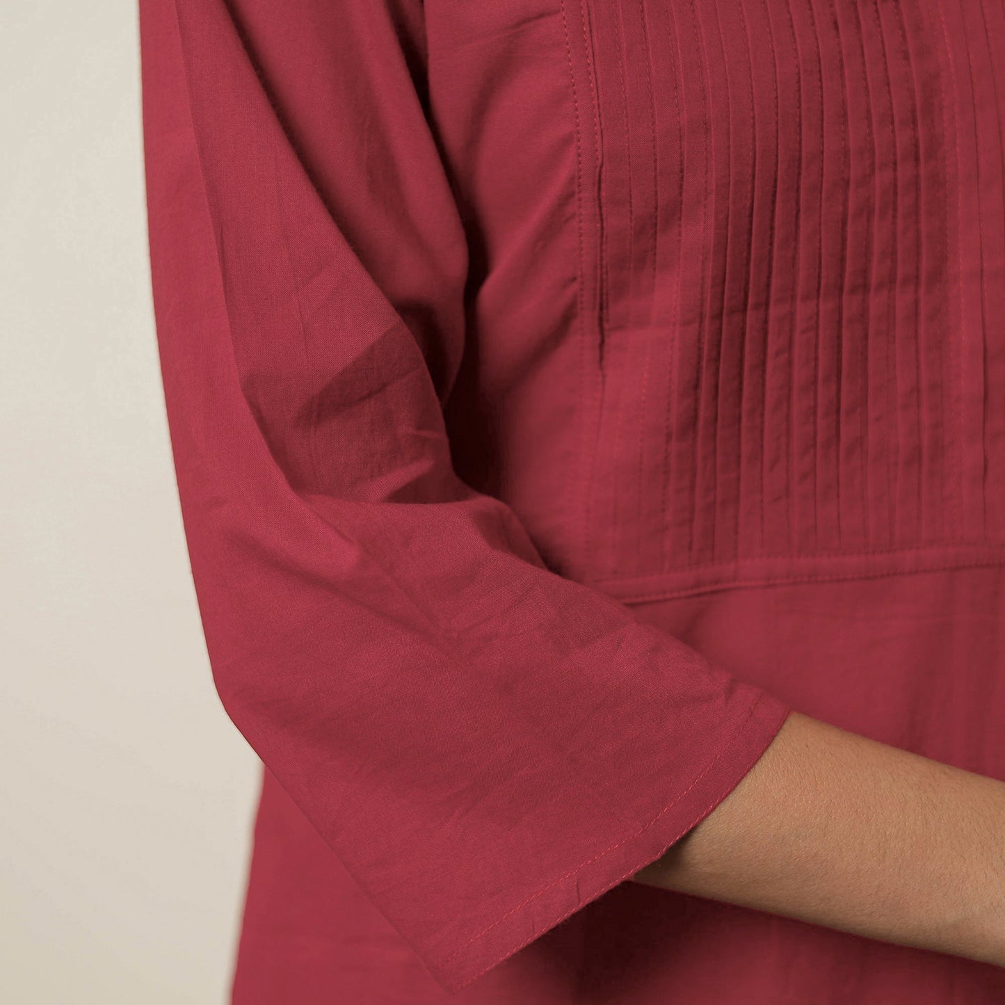 Red - plain cotton pintuck long kurta 27 - handcrafted