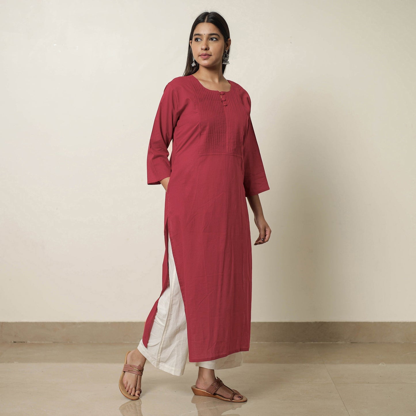 Red - plain cotton pintuck long kurta 27 - handcrafted