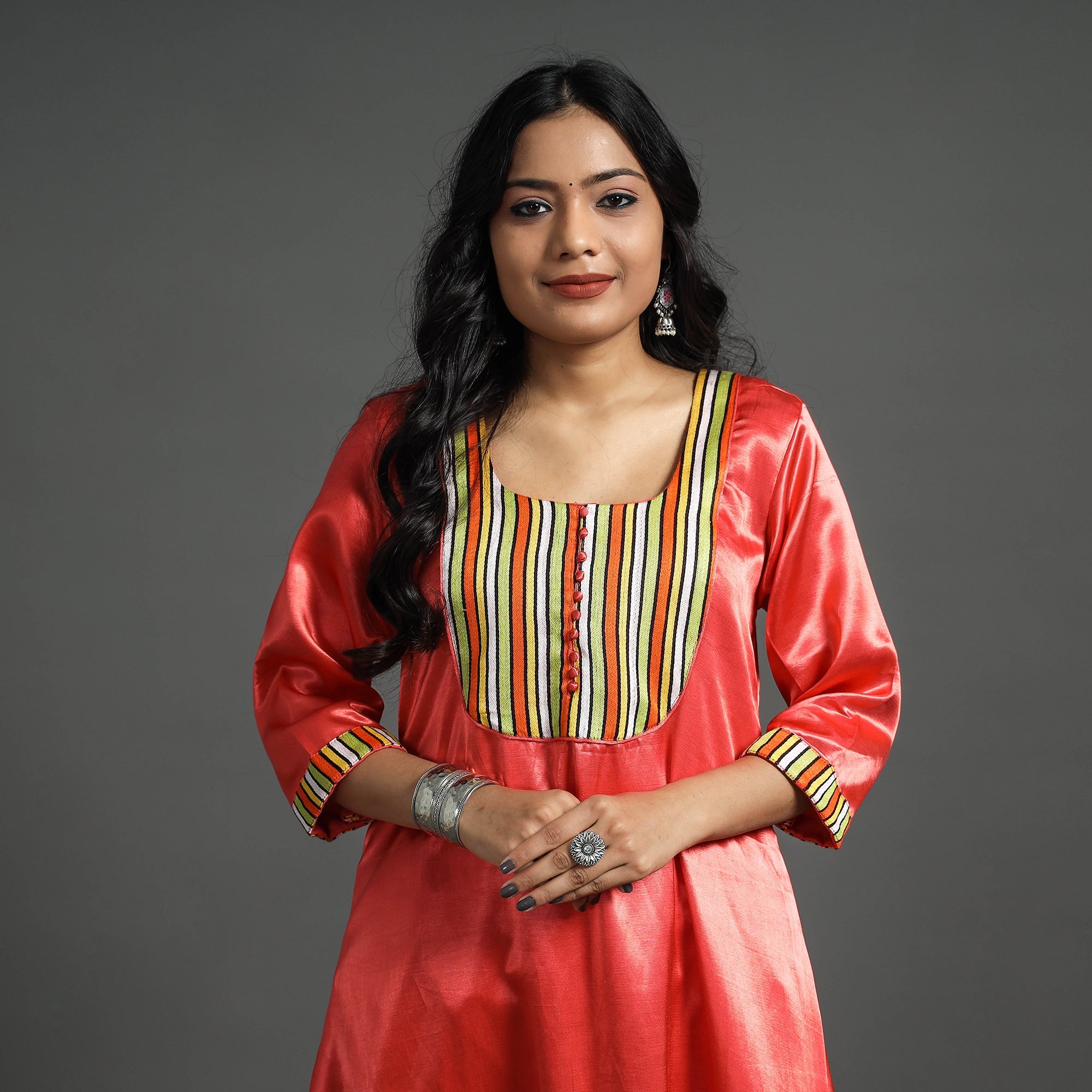 Red - Plain Mashru Silk with Patchwork Floral A-Line Long Kurta