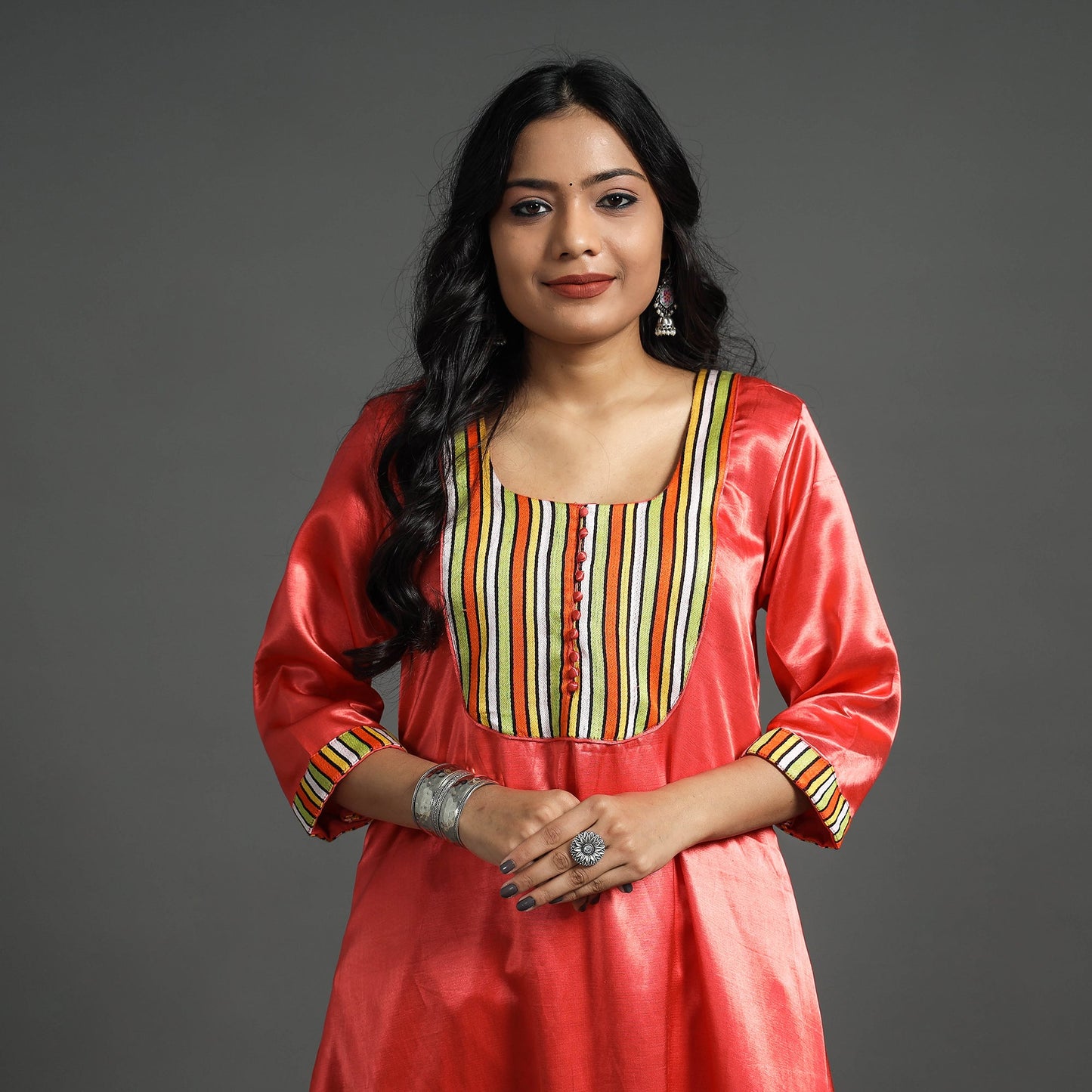 Fiery Rose Pink Plain Mashru Silk with Patchwork Floral Kurta