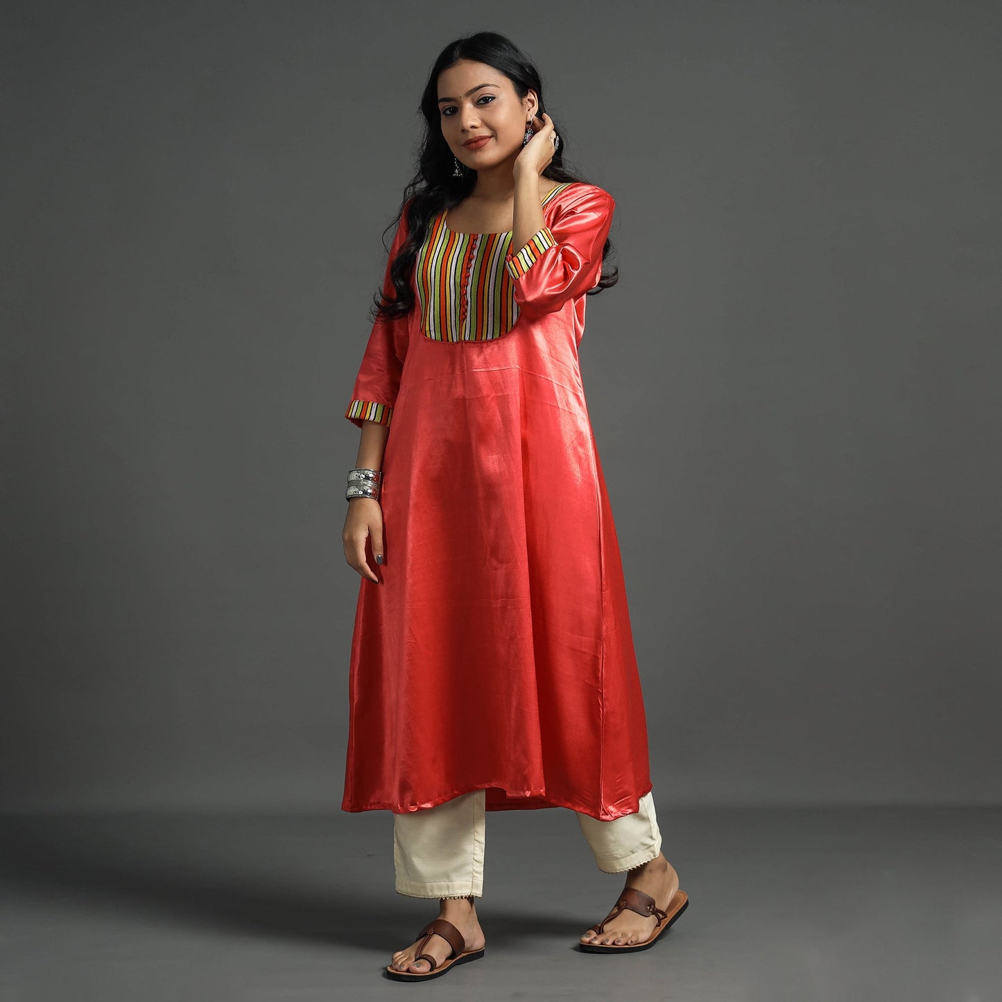 Fiery Rose Pink Plain Mashru Silk with Patchwork Floral Kurta