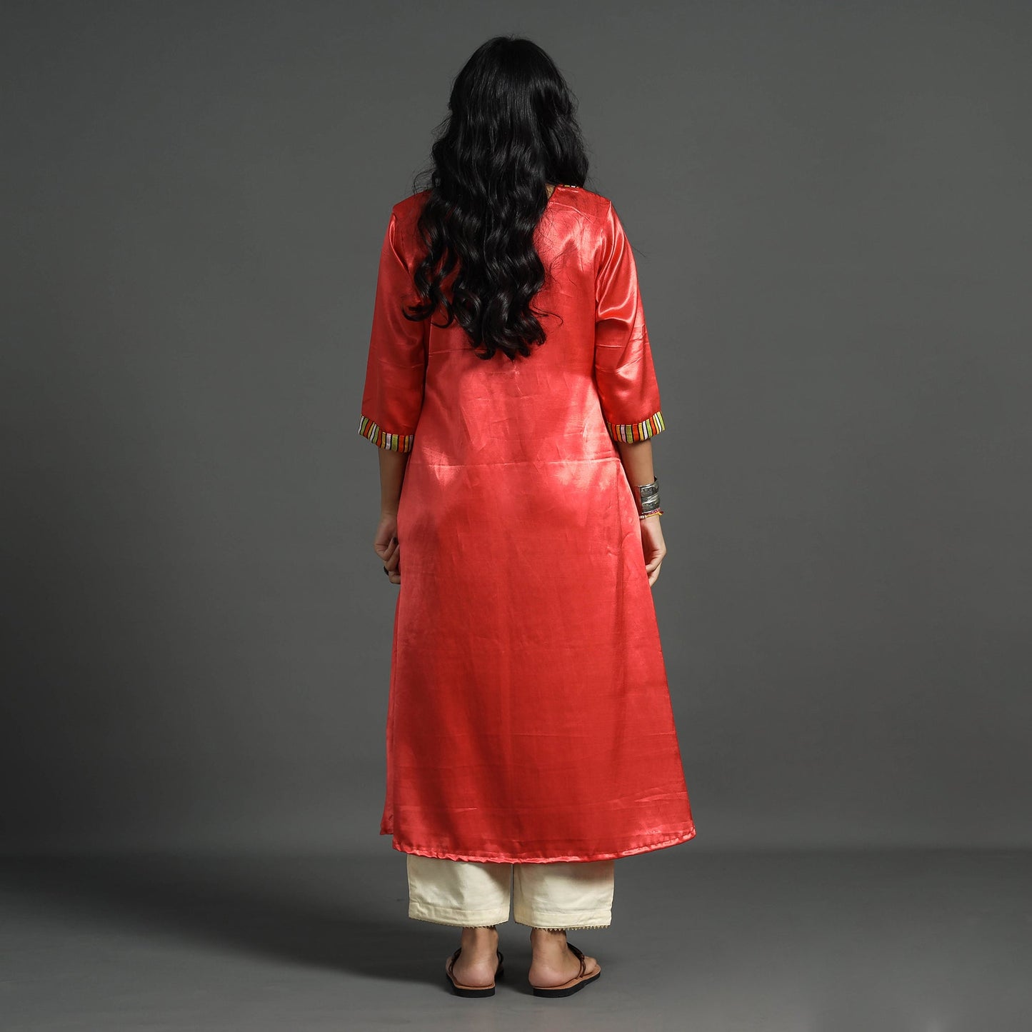 Fiery Rose Pink Plain Mashru Silk with Patchwork Floral Kurta