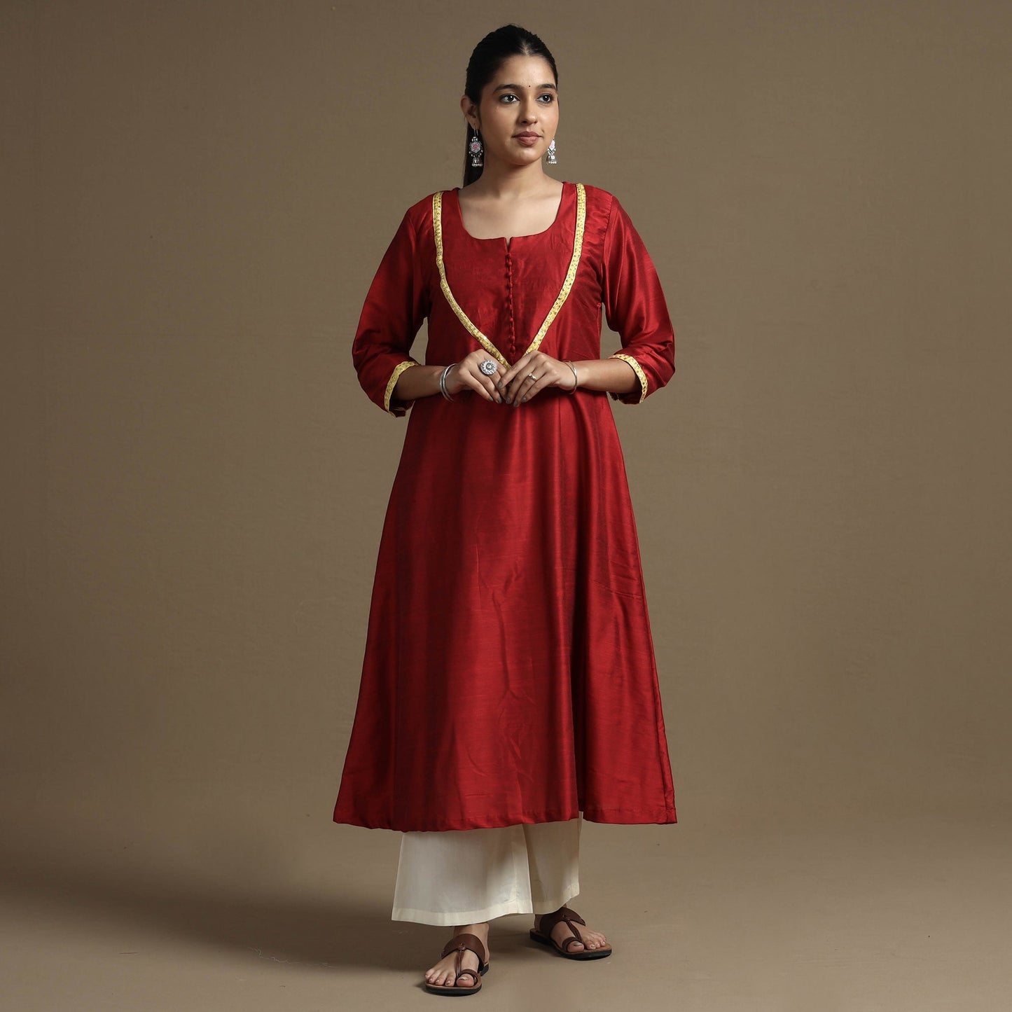 Plain Solid Slub Silk Kurta with Beadwork Hand Embroidery Lace