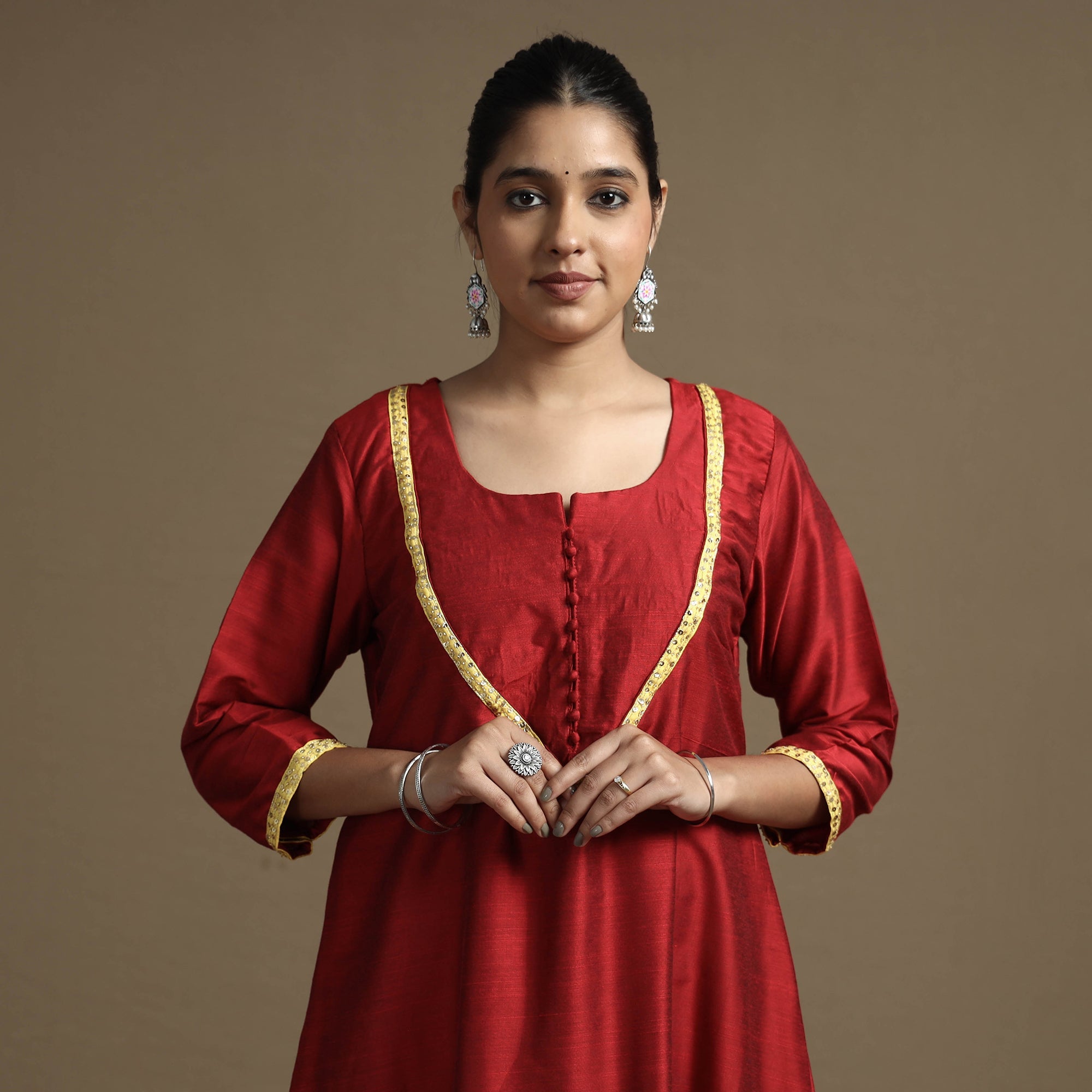 Red - Plain Solid Slub Silk A-Line Long Kurta with Beadwork Hand Embroidery Lace