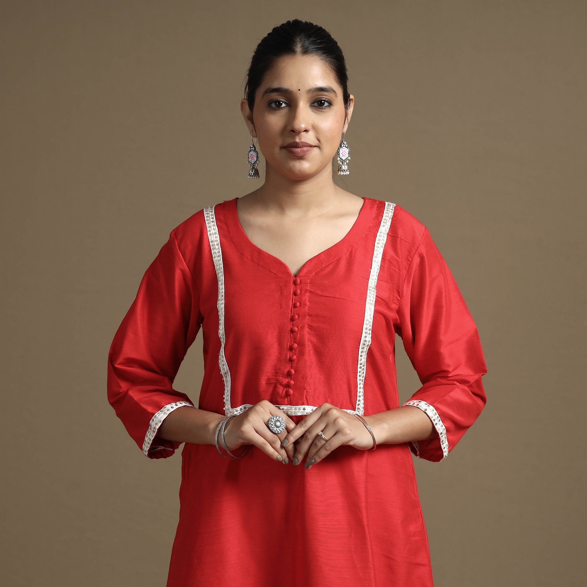 Red - Plain Solid Slub Silk A-Line Long Kurta with Beadwork Hand Embroidery Lace