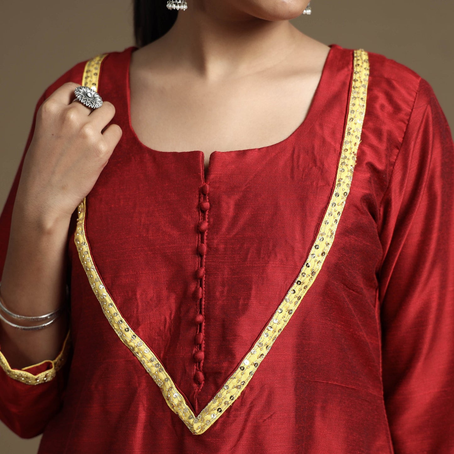 Plain Solid Slub Silk Kurta with Beadwork Hand Embroidery Lace