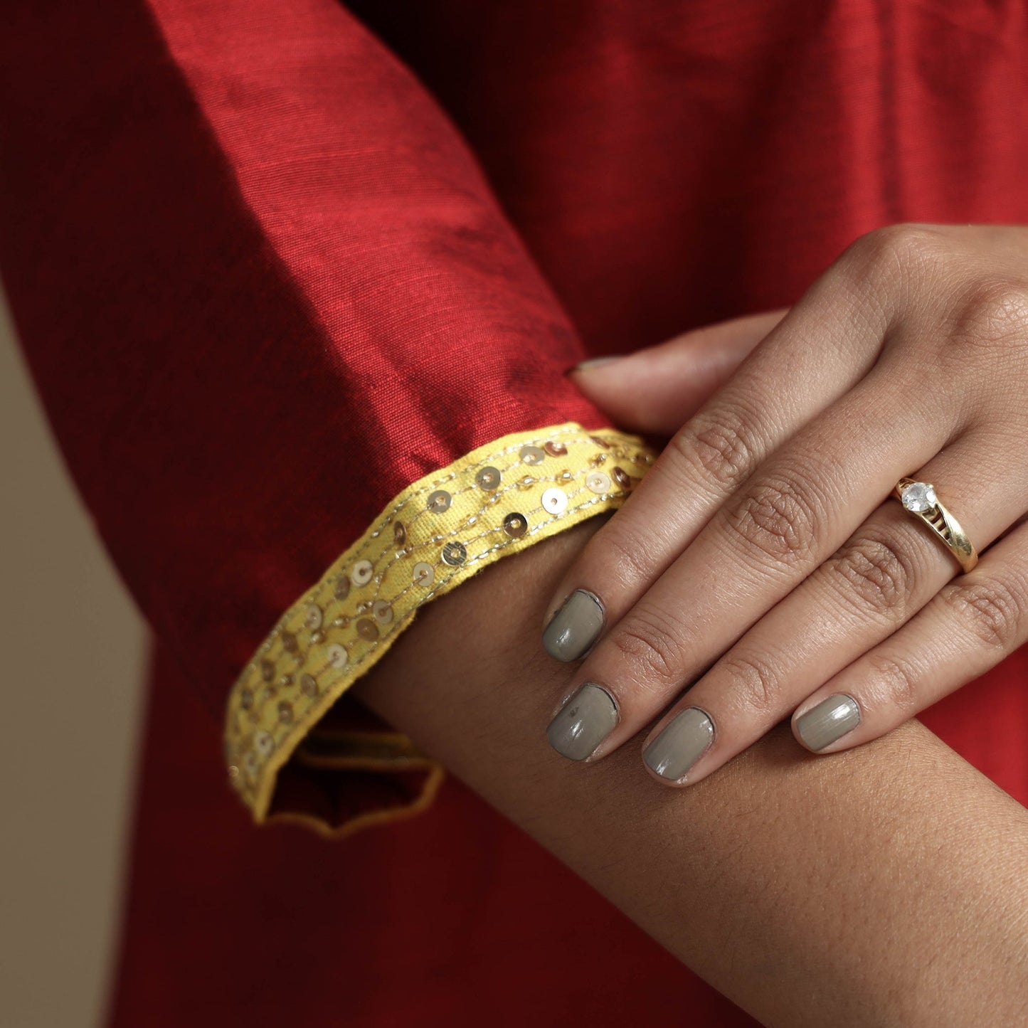 Plain Solid Slub Silk Kurta with Beadwork Hand Embroidery Lace