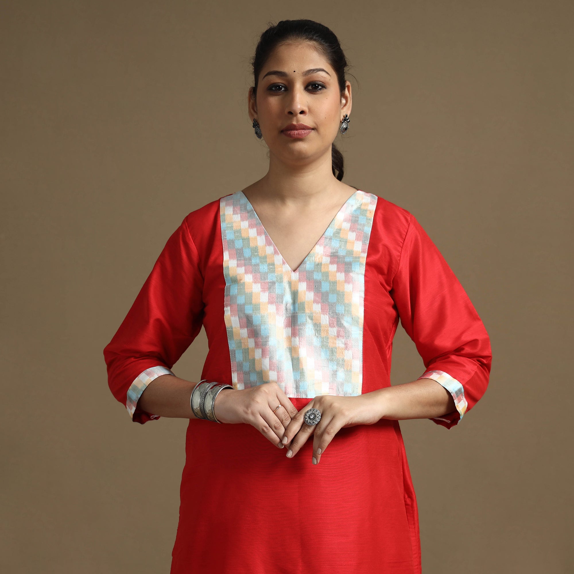 Red - Plain Solid Slub Silk Straight Long Kurta