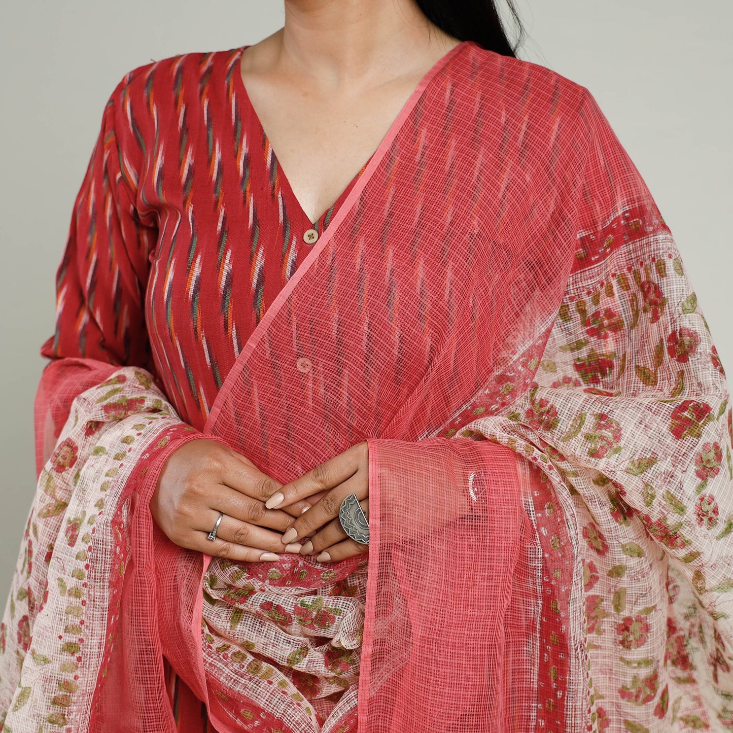 Pochampally Ikat Weave Cotton Kurta with Palazzo & Dupatta Set