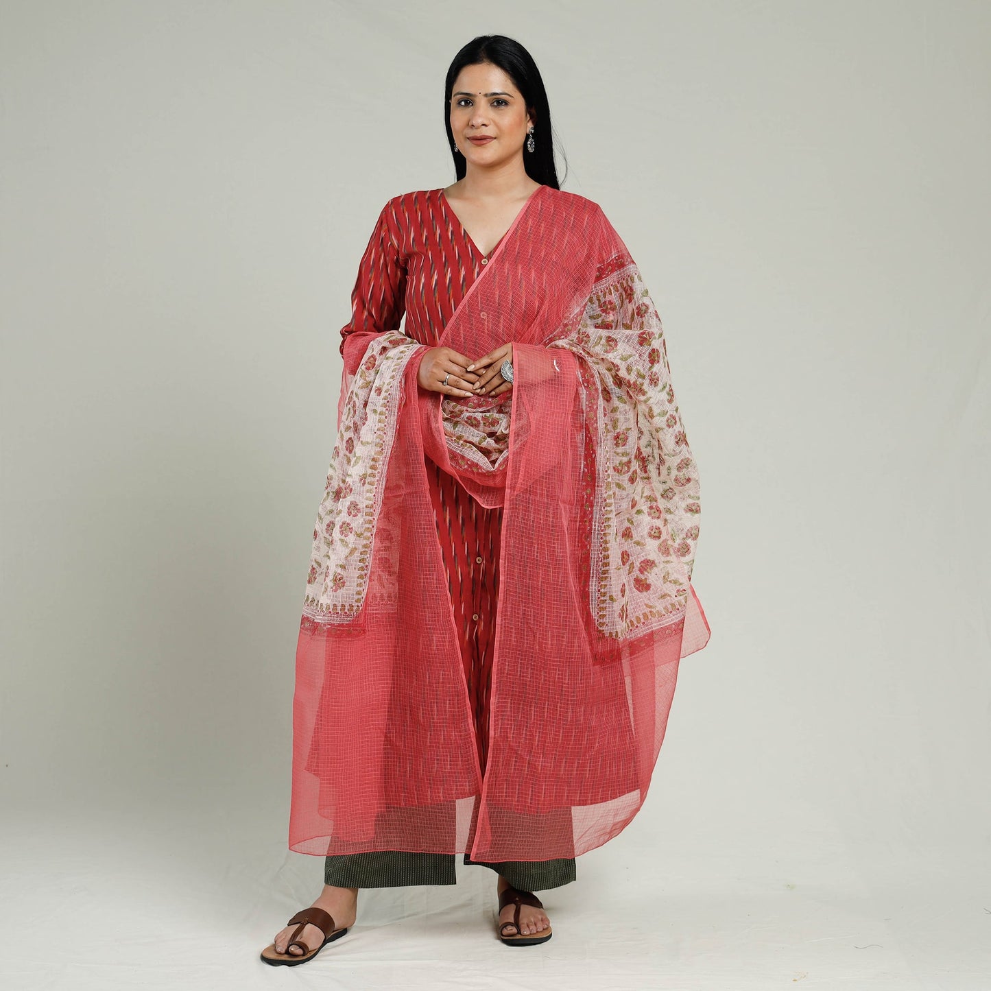 Pochampally Ikat Weave Cotton Kurta with Palazzo & Dupatta Set