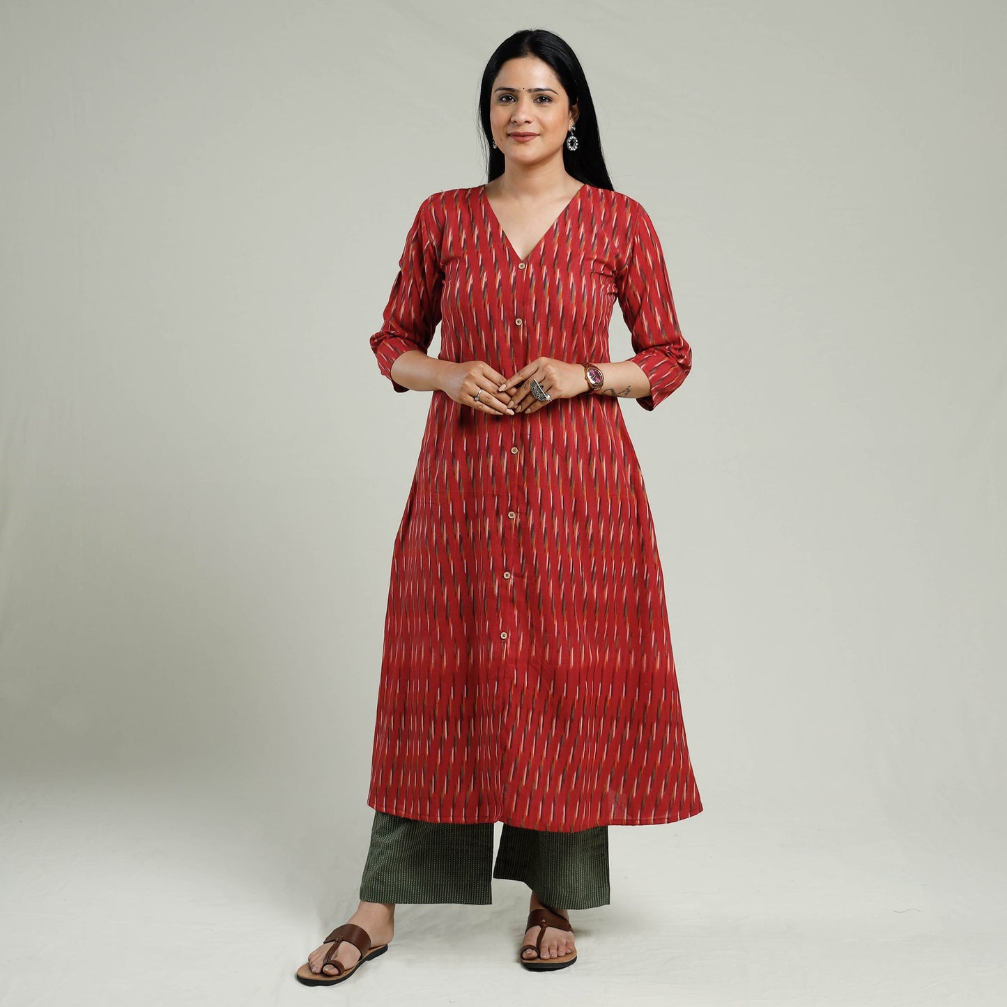 Pochampally Ikat Weave Cotton Kurta with Palazzo & Dupatta Set