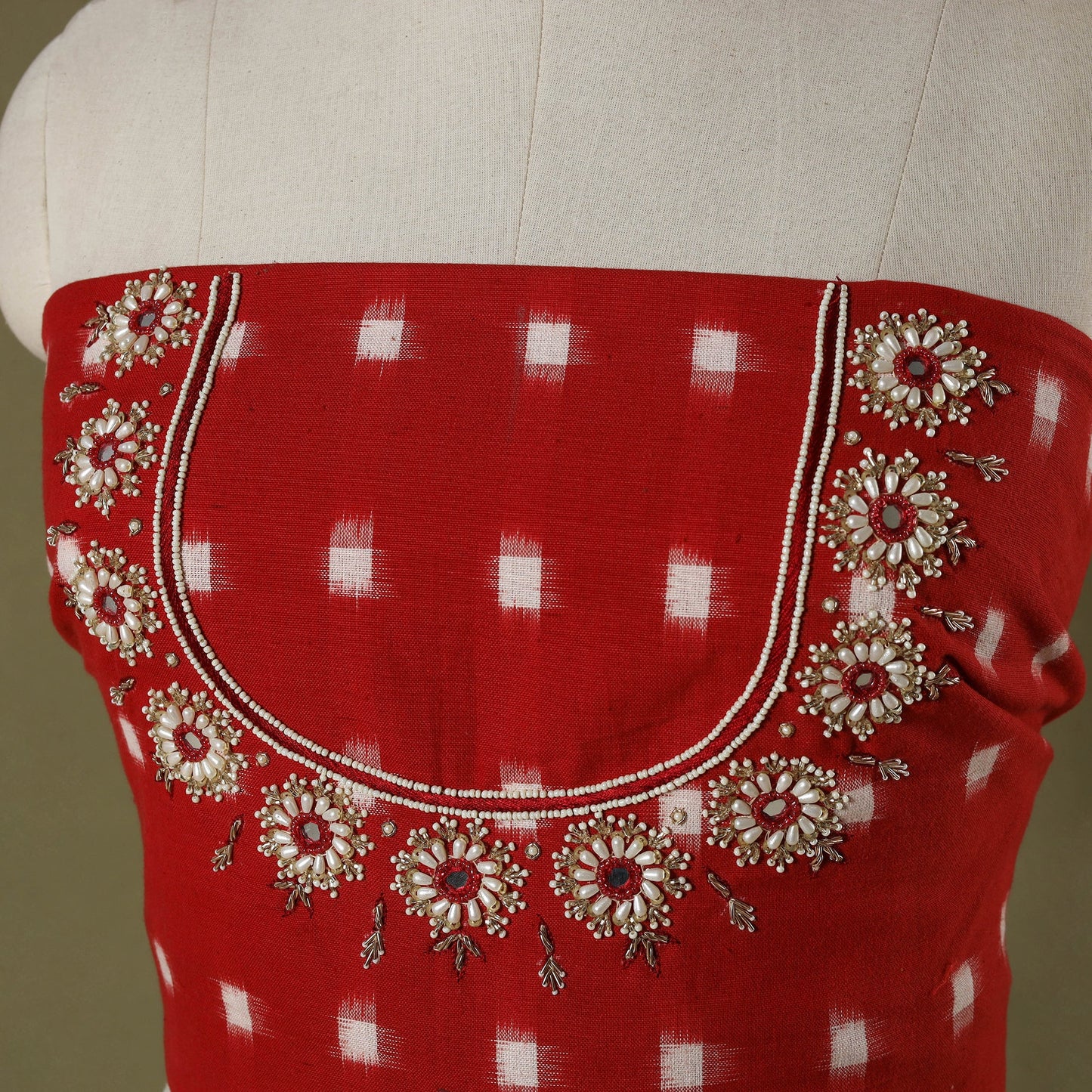 Red - pochampally ikat hand embroidery cotton blouse piece