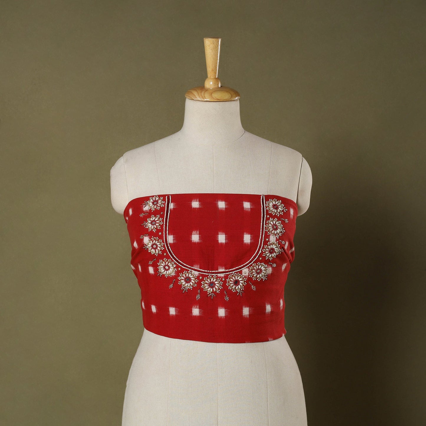 Red - pochampally ikat hand embroidery cotton blouse piece