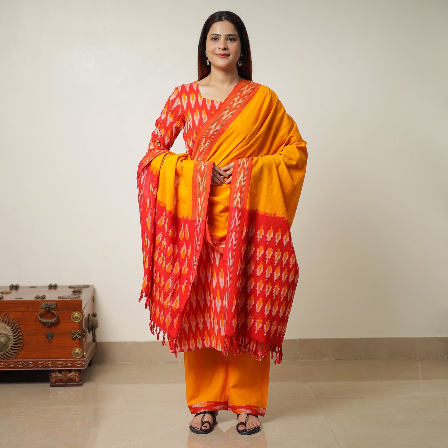 Pochampally Ikat Weave Cotton Kurta with Palazzo & Dupatta Set 01