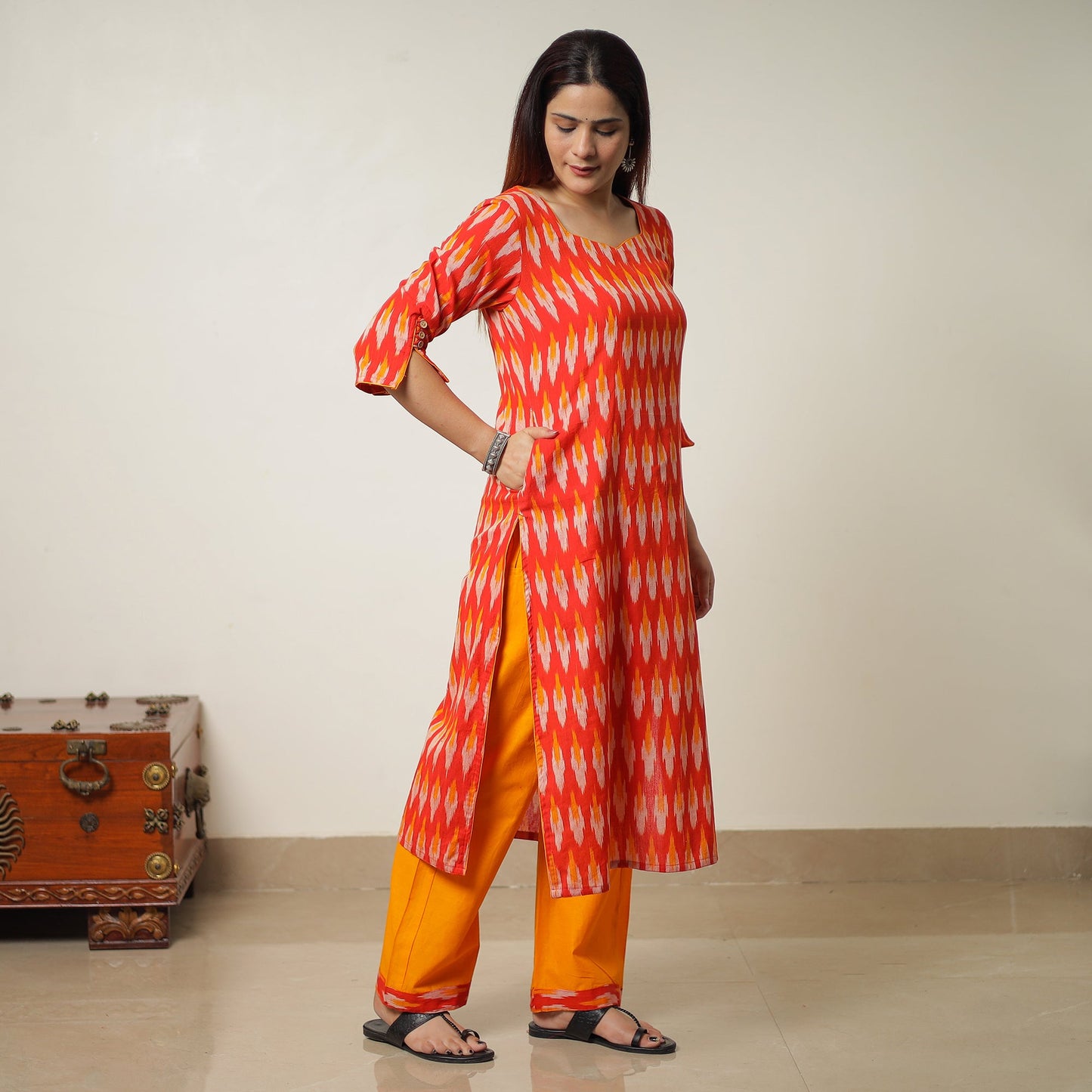 Pochampally Ikat Weave Cotton Kurta with Palazzo & Dupatta Set 01