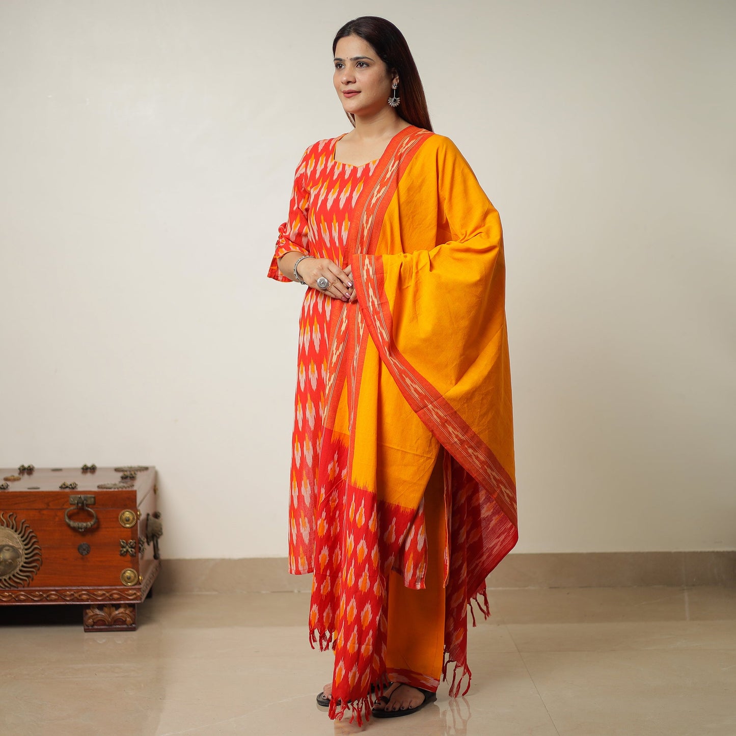 Pochampally Ikat Weave Cotton Kurta with Palazzo & Dupatta Set 01