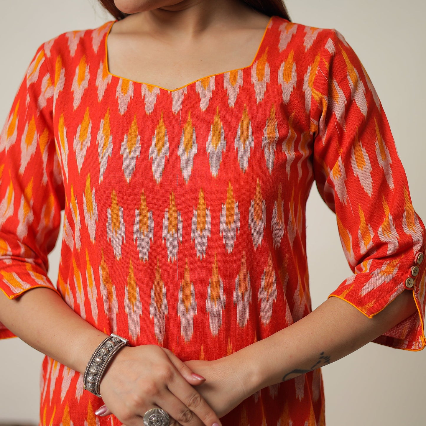 Pochampally Ikat Weave Cotton Kurta with Palazzo & Dupatta Set 01