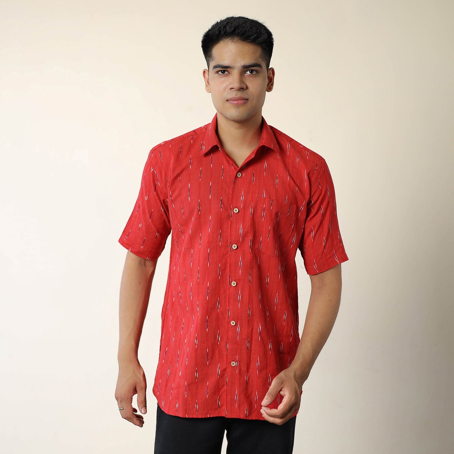 Red Pochampally Ikat Weave Cotton Men Half Sleeve Shirt