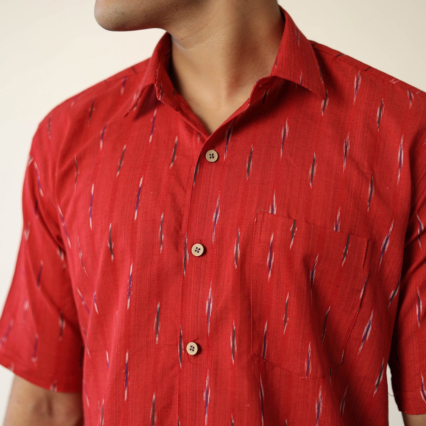 Red Pochampally Ikat Weave Cotton Men Half Sleeve Shirt