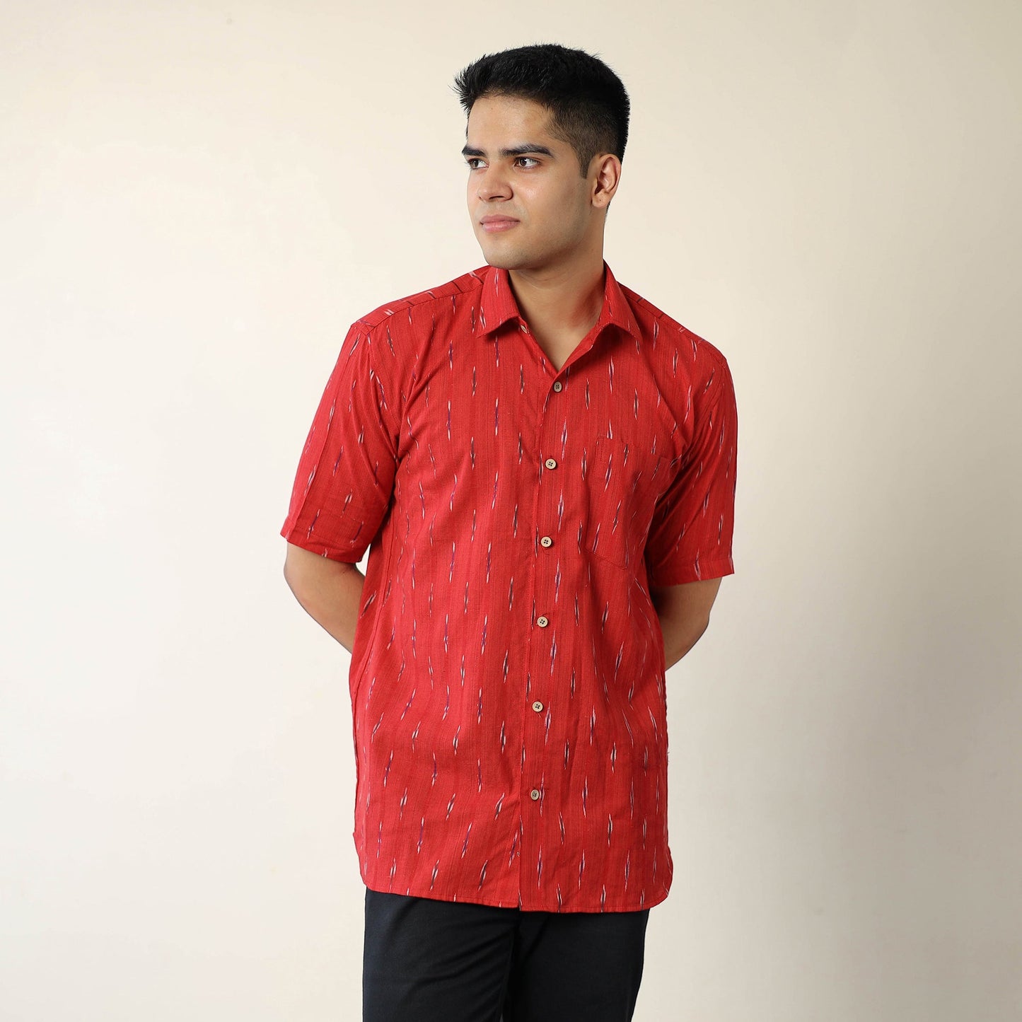 Red Pochampally Ikat Weave Cotton Men Half Sleeve Shirt