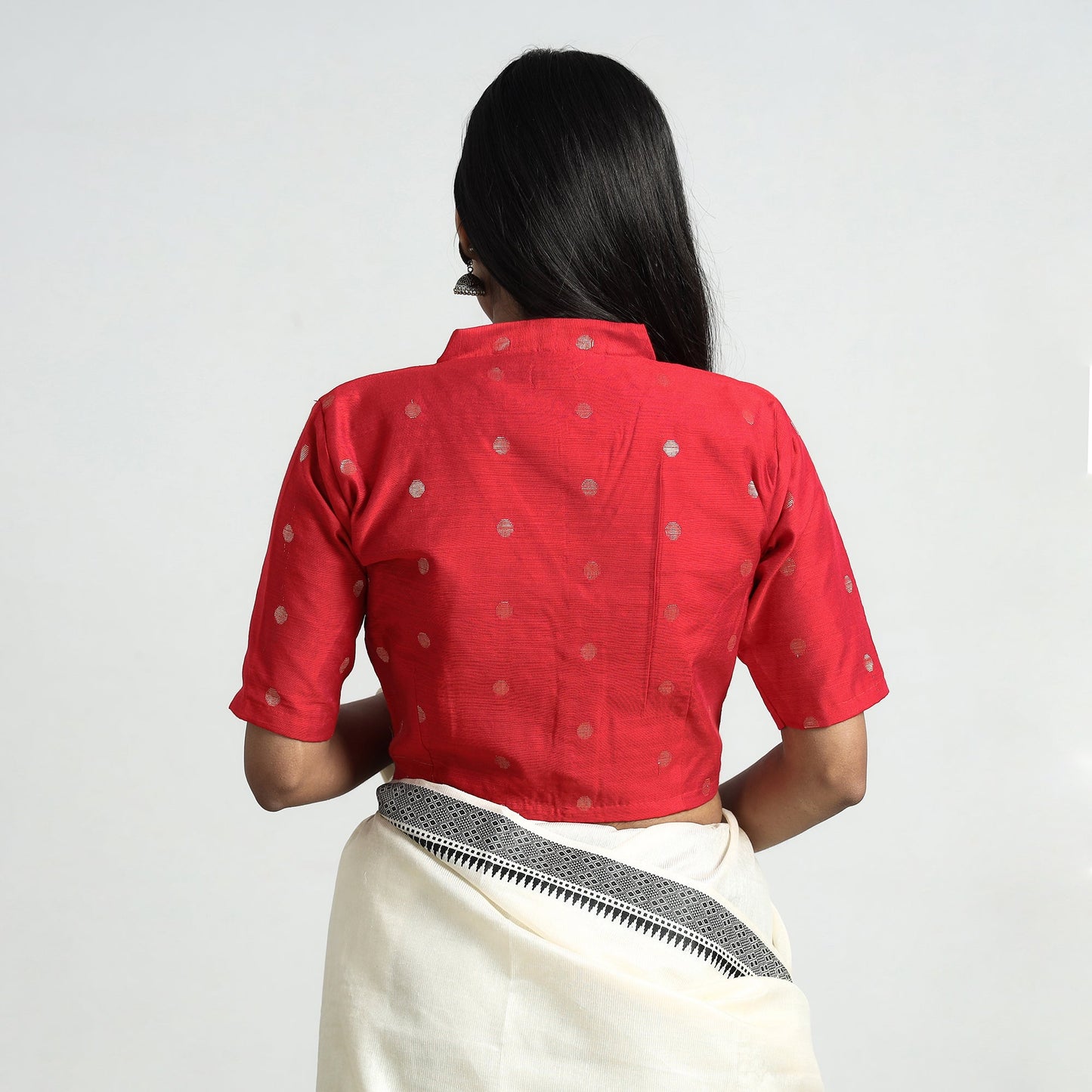 Buy Polka Dot Zari Buti Viscose Silk Stitched Mandarin Collar Blouse Online at iTokri.com