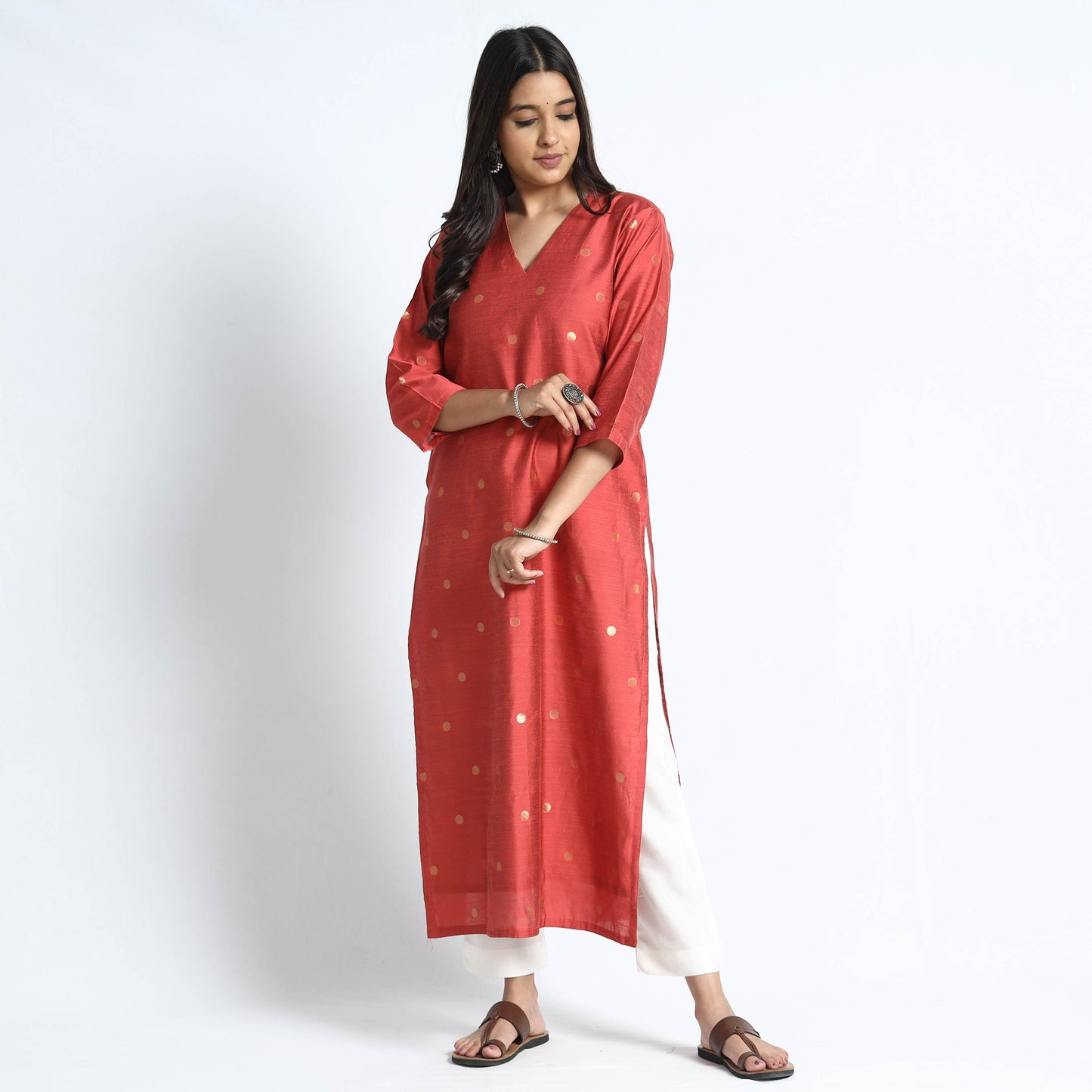 Polka Zari Buti Spun Dupion Silk Long Kurta for Women