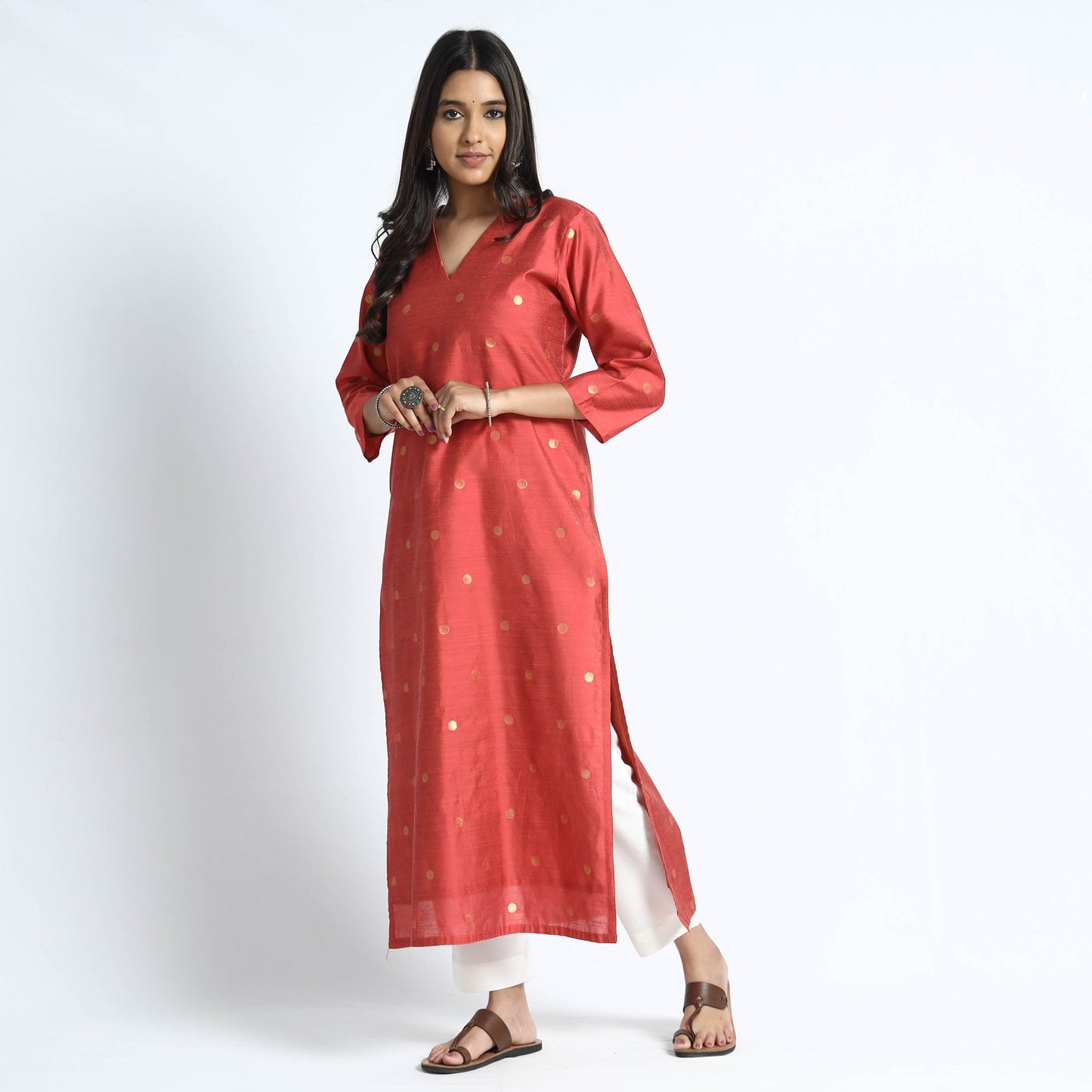Polka Zari Buti Spun Dupion Silk Long Kurta for Women