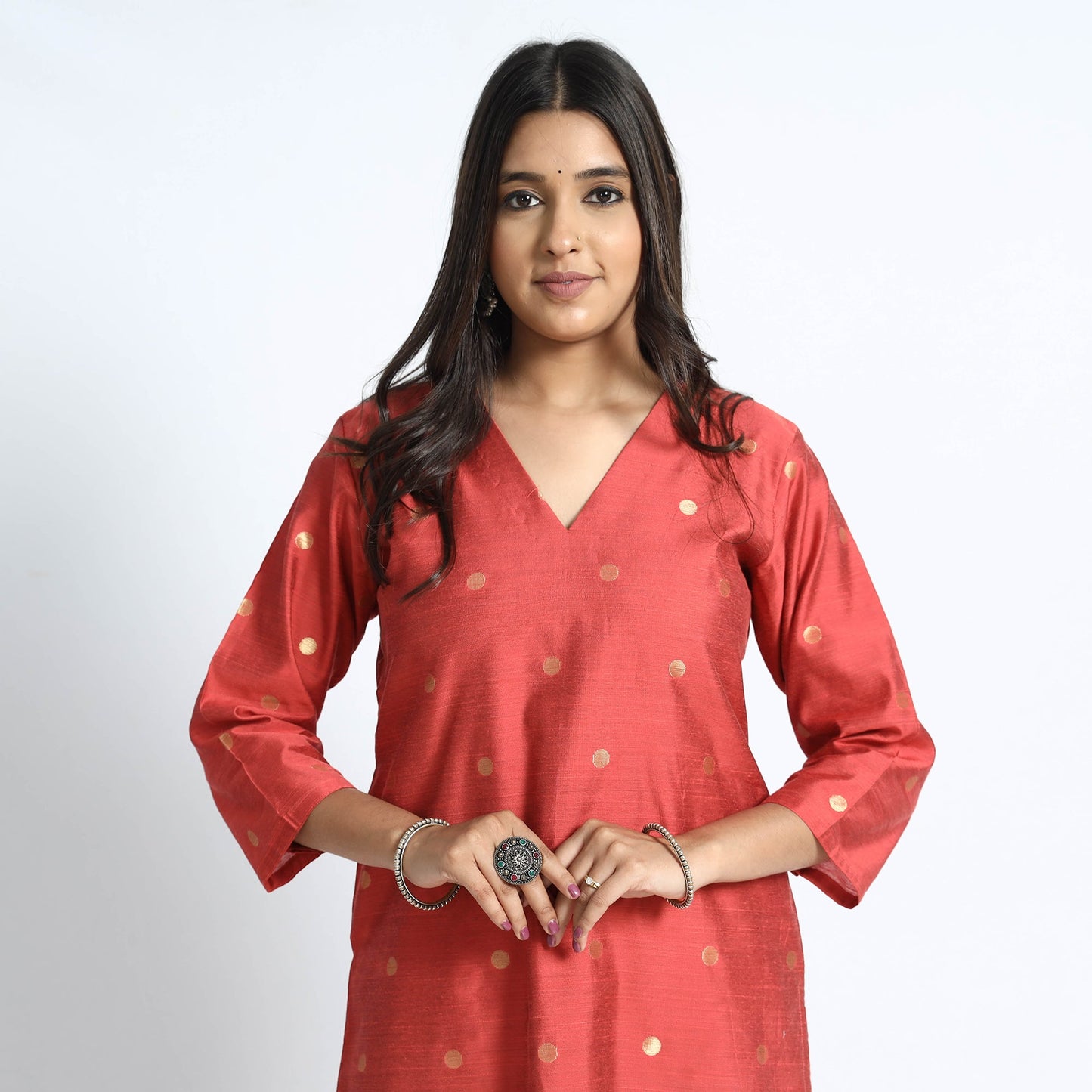 Polka Zari Buti Spun Dupion Silk Long Kurta for Women