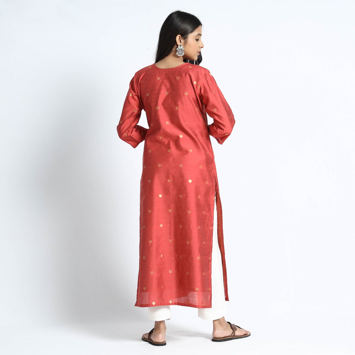 Polka Zari Buti Spun Dupion Silk Long Kurta for Women