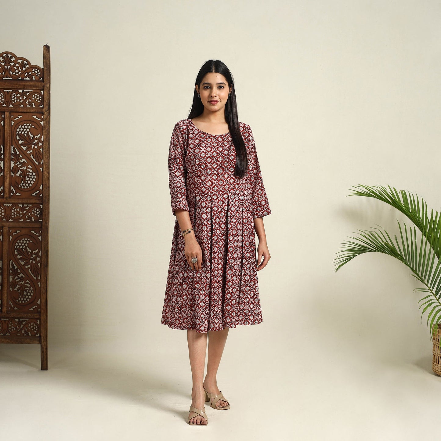 Red Block Print Mul Cotton Short Flared Bagh Dress